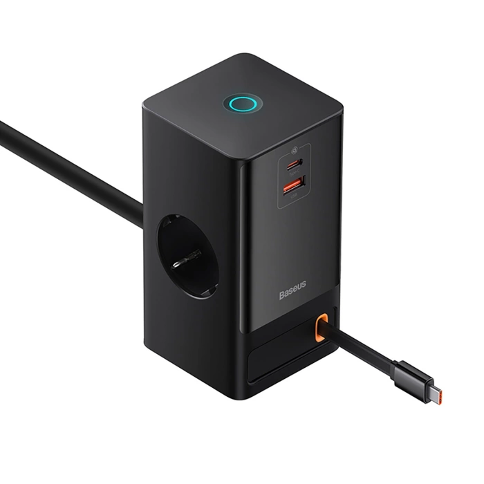 Baseus PowerCombo Ladestation 65W 1,5m 2 x EU + USB-A + USB-C + einziehbares USB-C-Kabel - Schwarz