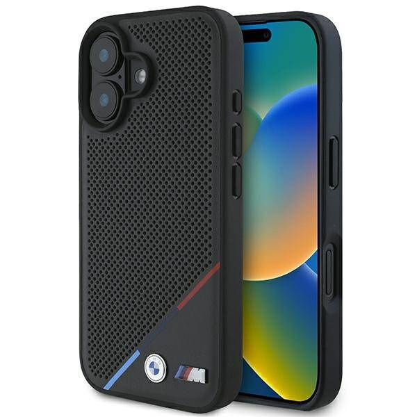Cover BMW iPhone 16 Plus 6,7" nero/nero durocase M Perforated Tricolor Line MagSafe