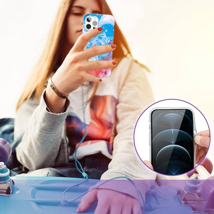 Étui de couleur Kingxbar Aquarelle Series pour iPhone 12 Pro Max Bleu-rose