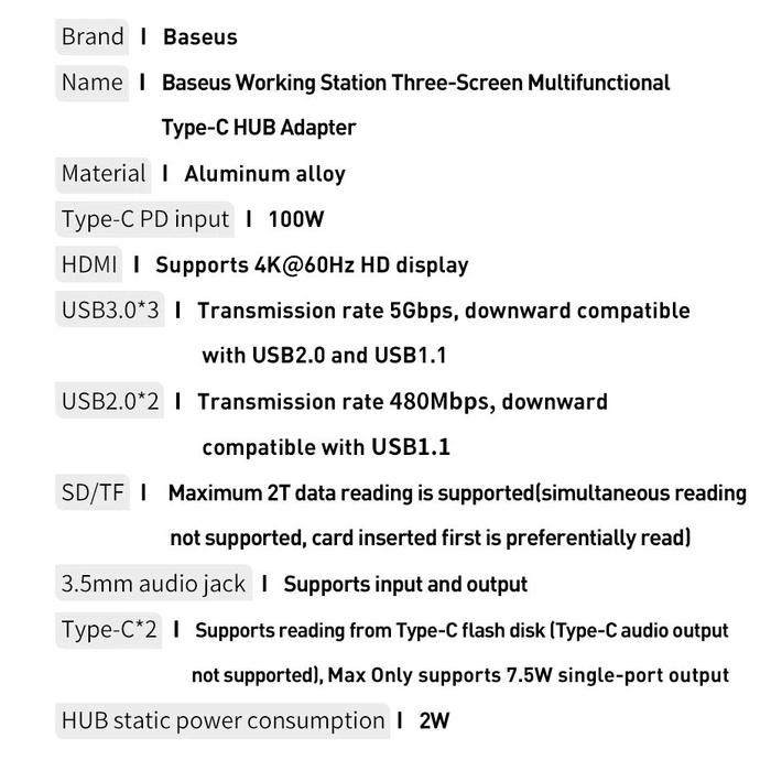 [B WARE] Baseus multifunktionaler HUB 3x USB 3.2 Gen 1 / 2x USB 2.0 / 2x USB Type C / SD und Micro SD Kartenleser / AUX / 3x HDMI / RJ45 1Gbps Power Delivery 100W (EU / CN / UK Stecker) grau (CAHUB-DG0G)
