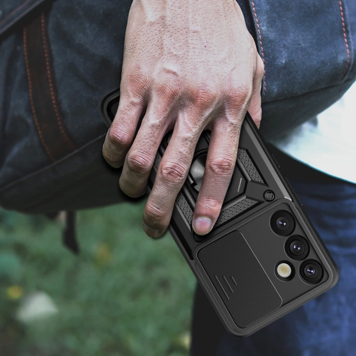 Hybrid Armor Camshield-Hülle mit Kameraabdeckung und Metallring für Samsung Galaxy S25+ – Schwarz
