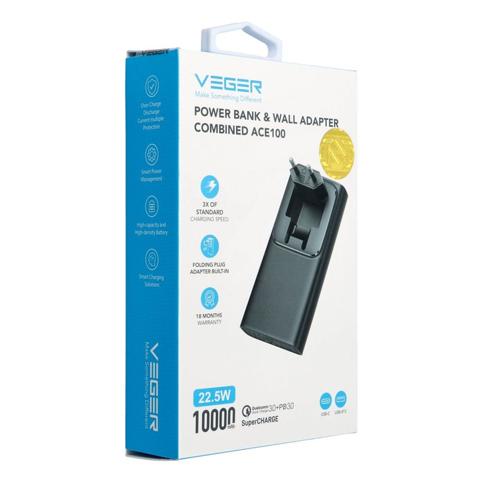 Powerbank Veger ACE100 (W1146) PD QC3.0 20W 10000 mAh czarny