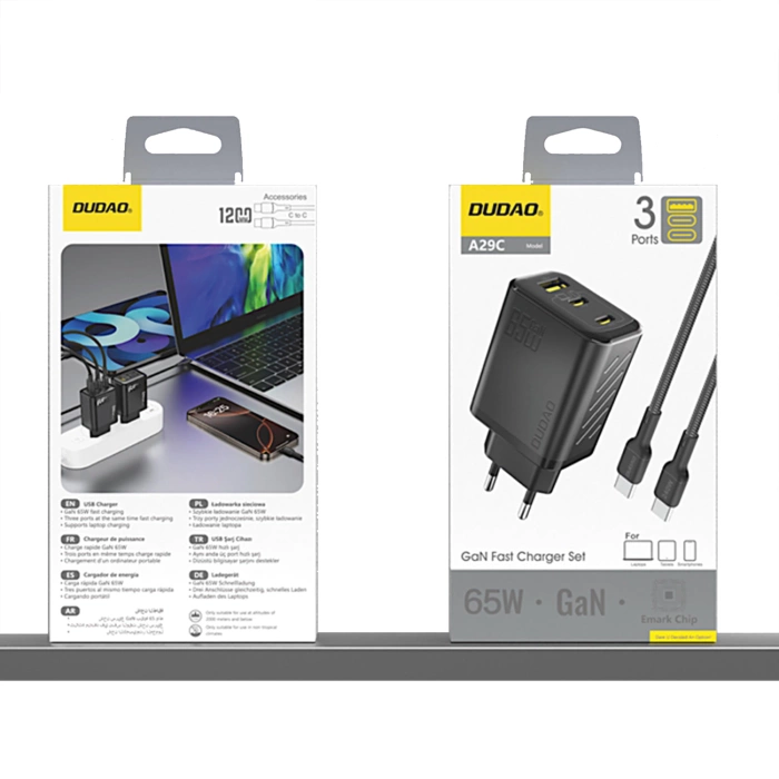 Dudao A29C 65W GaN Wandladegerät + USB-C Kabel - Schwarz