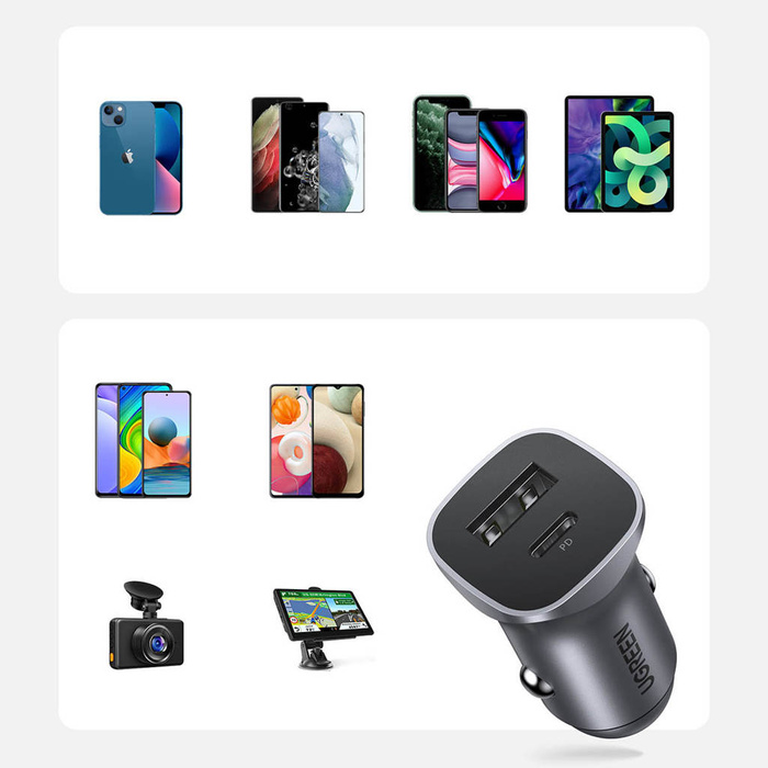 Cargador de coche rápido Ugreen USB-A/USB-C 18W gris (CD130)
