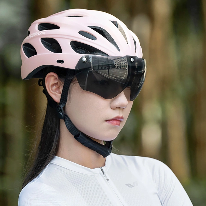Rockbros Fahrradhelm mit Visier, abnehmbare UV-Brille, abnehmbares Visier, Unisex – Rosa