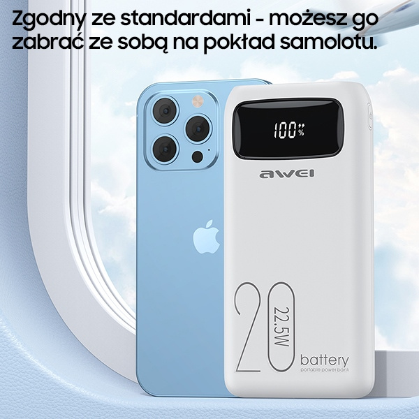 AWEI PowerBank P169K 20000mAh 22.5W czarny/black wyświetlacz + kable PD/Lightning