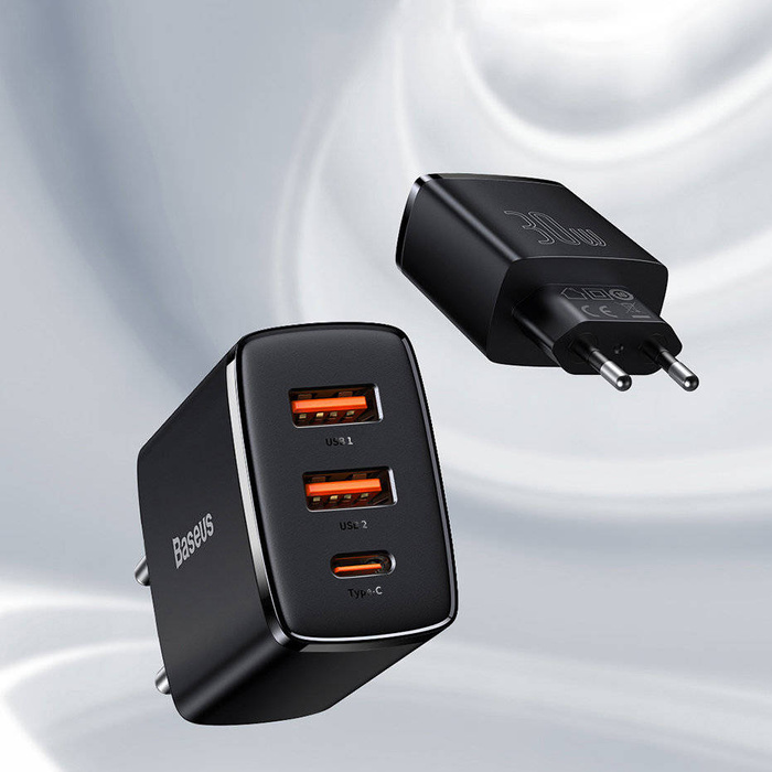 [B WARE] Baseus Compact Schnellladegerät USB Typ C / 2x USB 30W 3A Power Delivery Quick Charge schwarz (CCXJ-E01)