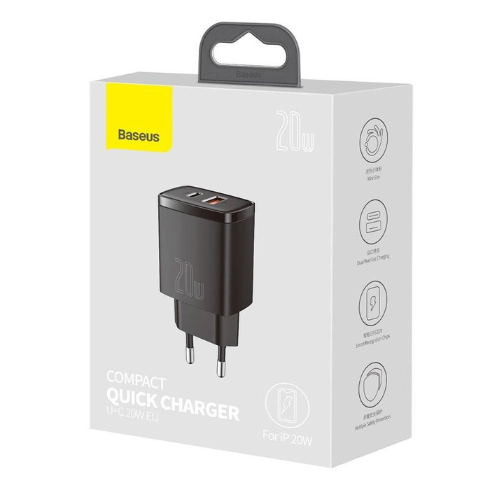 Baseus Compact Fast USB / USB Tipo C Caricabatterie 20W 3A Power Delivery Quick Charge 3.0 nero (CCXJ-B01)