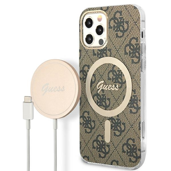 Súprava Puzdro Guess Case+ nabíjačka iPhone 12/12 Pro hnedá/hnedá tvrdá case 4G Tlač MagSafe