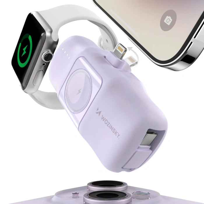 Mini powerbank Wozinsky WF16-YLS 5000mAh 15W Lightning z wbudowanym kablem USB-C i ładowarką do Apple Watch - fioletowy