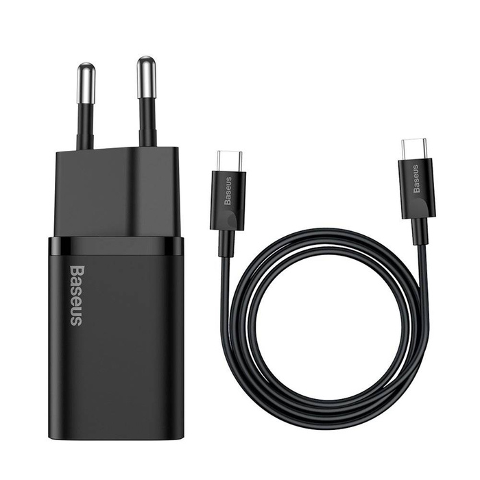 Baseus Super Si Schnellladegerät 1C 25W EU Sets Schwarz + Mini Schwarz Kabel Typ-C auf Typ-C 3A 1m (TZCCSUP-L01)