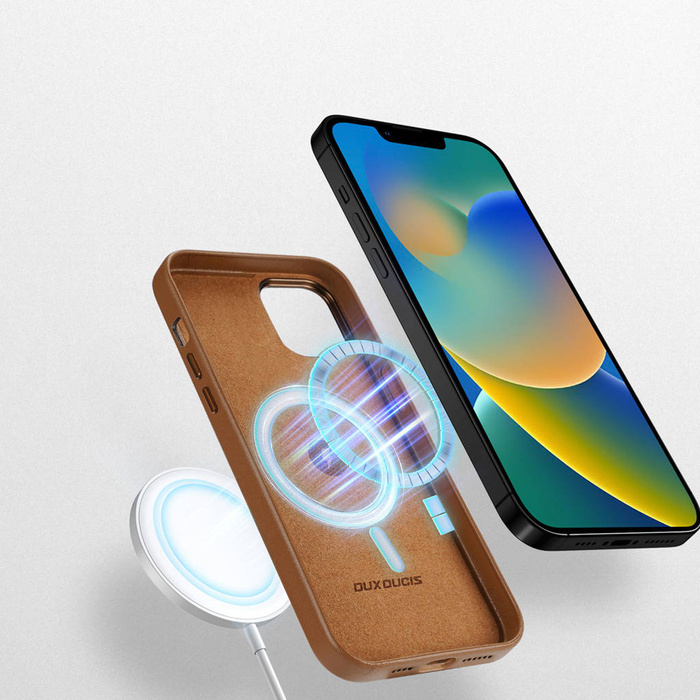 Dux Ducis Grit Ledertasche für iPhone 14 Max Elegante Kunstlederhülle (MagSafe-kompatibel) Braun