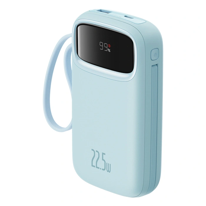 Powerbank Baseus Qpow2 20000mAh 22,5W z podwójnym kablem z wyświetlaczem cyfrowym + kabel Baseus Simple USB-C 3A 0,3m (biały) - niebieski