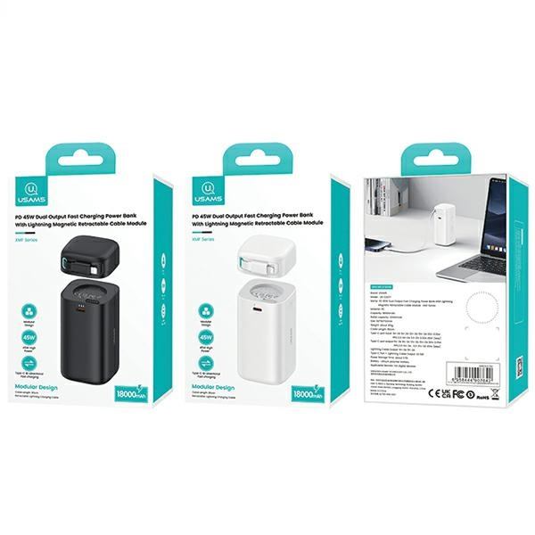 USAMS Powerbank ze zwijanym kablem Lightning 18000 mAh PD45W Fast Charge XMF Series biały/white 20KCD21702 (US-CD217)