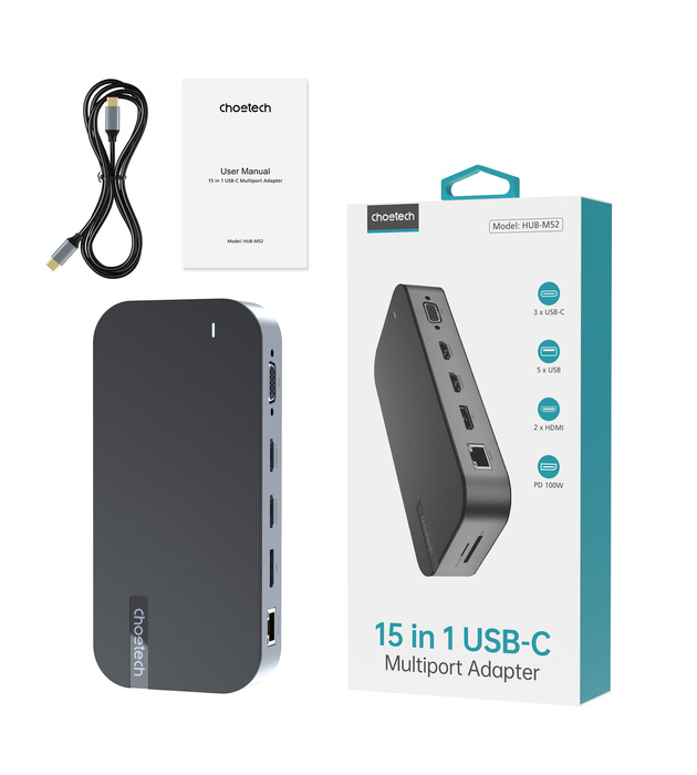 HUB Choetch M52 USB-C - USB-C PD/USB-C/USB-A/HDMI/VGA/DP/SD/TF/RJ45/AUX - grigio