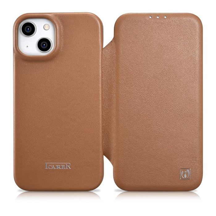 iCarer CE Étui folio en cuir de qualité supérieure pour iPhone 14 Plus Flip magnétique MagSafe Marron (WMI14220715-BN)