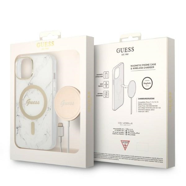 Súprava Puzdro Guess Case+ nabíjačka iPhone 14 Plus 6,7" biela/biela tvrdá case Marble MagSafe