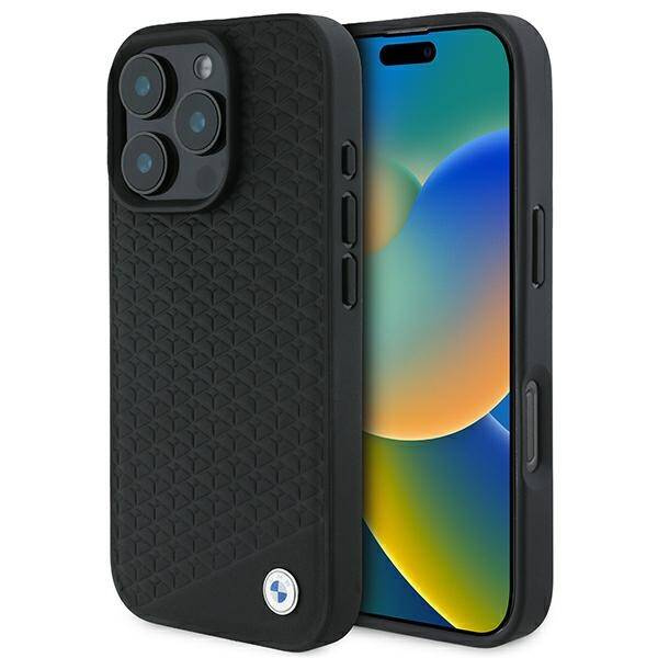Coque BMW iPhone 16 Pro Max 6.9" noir/noircase Enseigne Cuir Diamant Métal Logo MagSafe