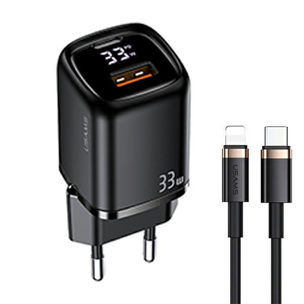 USAMS Network Charging. 1xUSB-C+1xUSB T46 33W PD3.0 +QC3.0 Fast Charging +cable U63 USB-C/Lightning black/black UDTZ01
