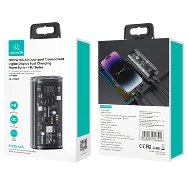 USAMS Powerbank 9000mAh PD 20W QC3.0+PD Dual-Port Fast Charge black/black 10KCD18901(US-CD189)