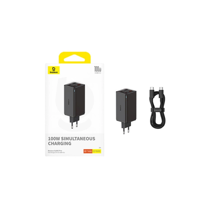 Baseus GaN6 Pro Ladegerät 100W 2 x USB-C 2 x USB-A mit schwarzem USB-C-Kabel 100W 1m - Schwarz