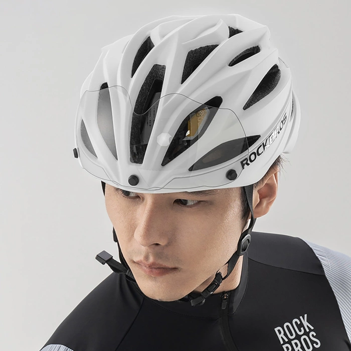 Rockbros Fahrradhelm mit Visier, abnehmbarer UV-Brille, Unisex, glänzend – Weiß