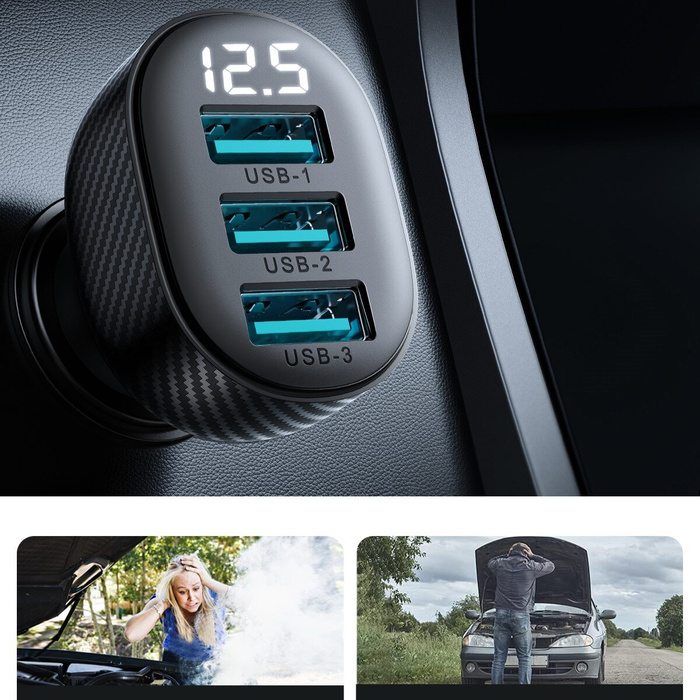 Joyroom JR-CCD03 3,4A Autoladegerät mit 3x USB-A Display - Schwarz