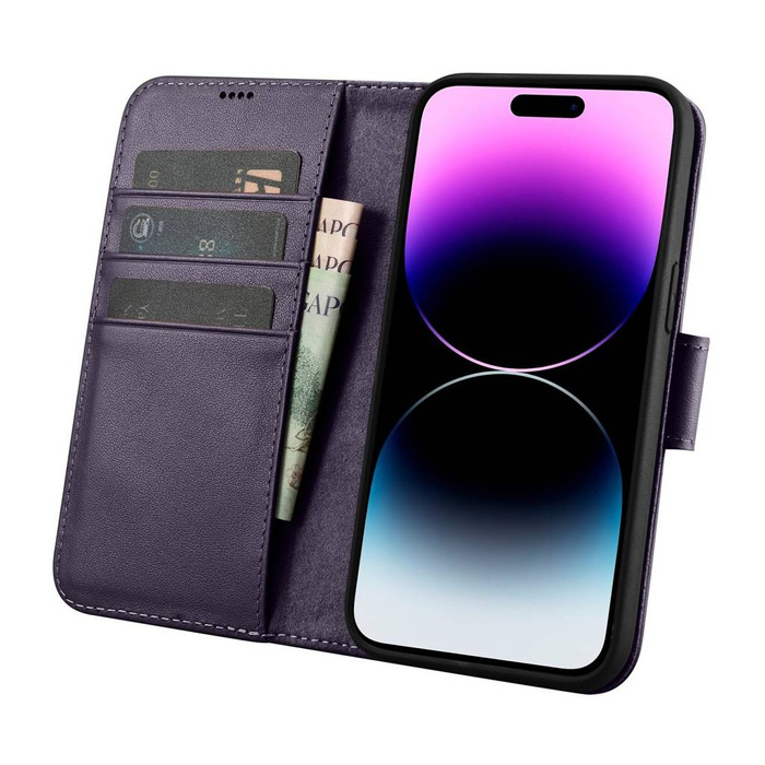 iCarer Wallet Case 2in1 iPhone 14 Pro Flip Housse en cuir Anti-RFID violet foncé (WMI14220726-DP)