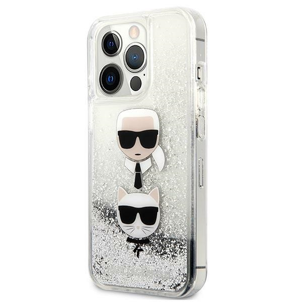 Cover KARL LAGERFELD Apple iPhone 13 Pro Max Liquid Glitter Karl&amp;Choupette Head Silver Hardcase
