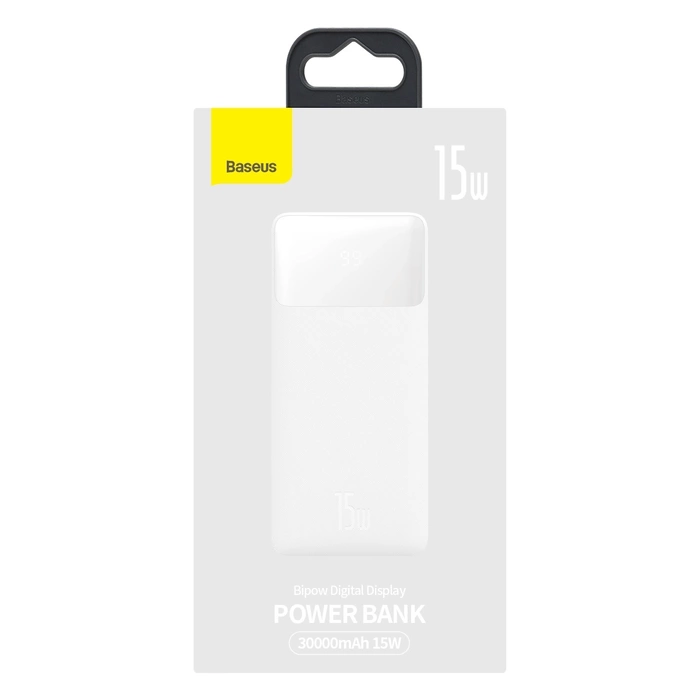 Baseus Bipow powerbank s displejem 30000mAh 15W bílá (Overseas Edition) + kabel USB-A - Micro USB 0,25m bílá (PPBD050202)