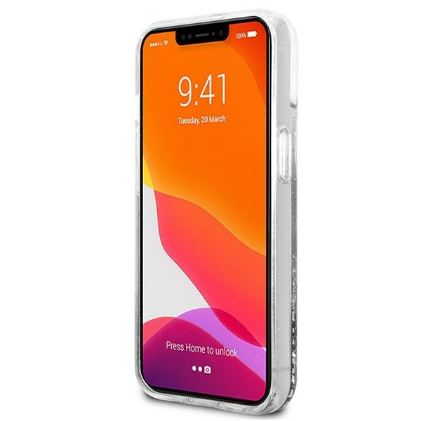 Hülle KARL LAGERFELD Apple iPhone 13 Mini Liquid Glitter Karl&Choupette Kopf Silber Hardcase