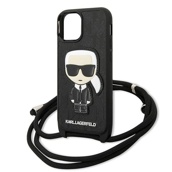 Hülle KARL LAGERFELD Apple iPhone 13 Mini Leder Monogramm Patch und Schnur Iconik Schwarz Hartcase
