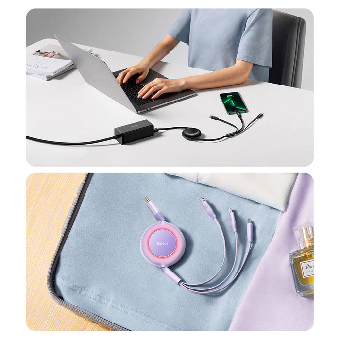 Câble rétractable Baseus Bright Mirror 2 3en1 USB Type C - micro USB + Lightning + USB Type C 3.5A 1.1m violet (CAMJ010205)