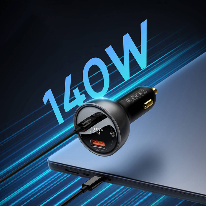Baseus Digital Display fast car charger USB-A / USB-C PD3.1 140W black + USB-C cable Baseus Superior Series 5A 240W 1m black (CGZX070001)