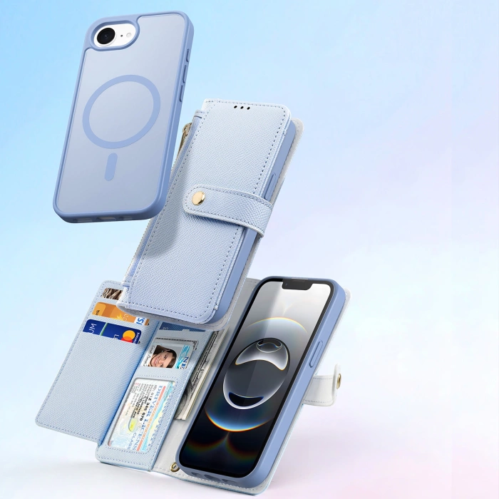 Dux Ducis Lawa iPhone 16e Leather Case with Detachable Magnetic Wallet - Blue