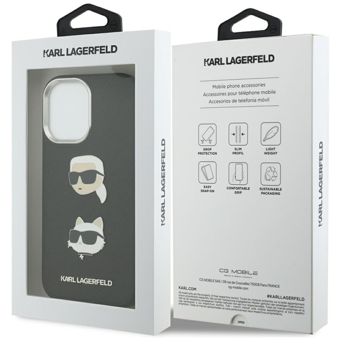 Etui Karl Lagerfeld FW Grained Karl &    Choupette Heads Pins & Logo do iPhone 17 czarny
