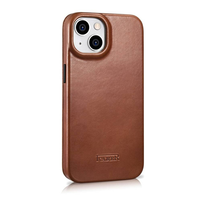 iCarer CE Oil Wax Premium Leather Folio Case Funda de cuero para iPhone 14 Flip Magnetic MagSafe Brown (AKI14220705-BN)