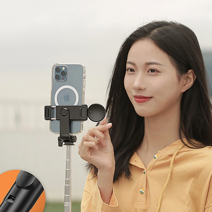 Selfie-Stick WH1YXS Teleskopstativ 1 m mit runder Lampe und Telefonhalter – Schwarz