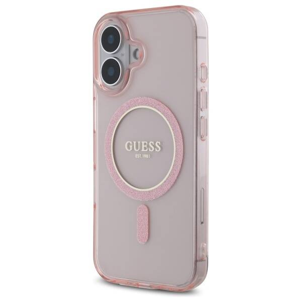 Etui Guess iPhone 16 różowy/pink hardcase IML Glitter Circle MagSafe