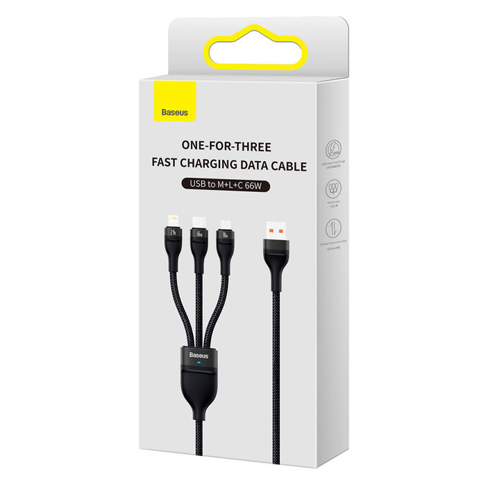 Baseus Flash Series Ⅱ 3in1 Cavo di ricarica rapida da USB-A a USB-C / Micro-USB / Lightning 66 W 480 Mbps 1,2 m Nero