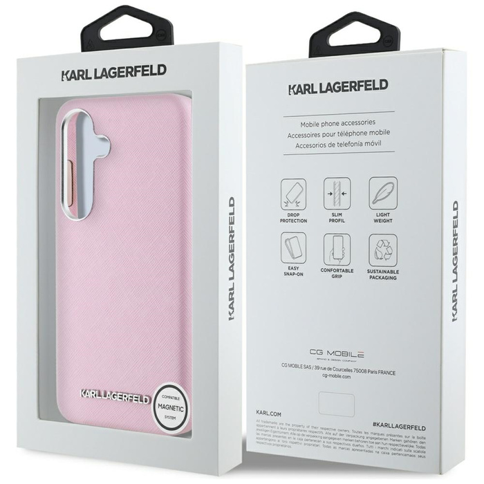 Etui Karl Lagerfeld Saffiano Full         Wrapped Elongated Metal Logo MagSafe do Samsung Galaxy S25 różowy