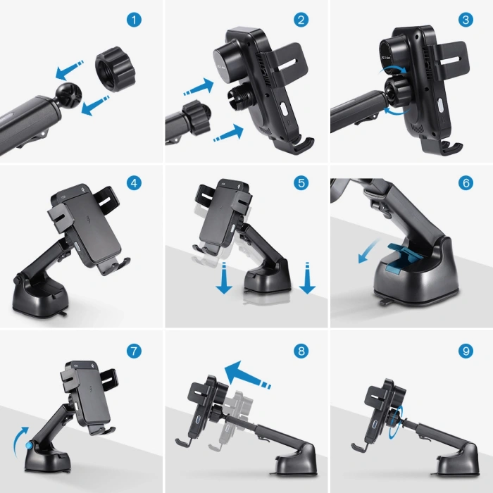 Joyroom bezprzewodowa ładowarka Qi 15W automatyczny elektryczny uchwyt samochodowy na kokpit deskę rozdzielczą / kratkę wentylacyjną czarny (JR-ZS219)