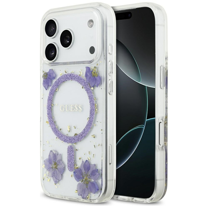 Etui Guess Resin Flowers Glitter MagSafe do iPhone 17 Pro fioletowy