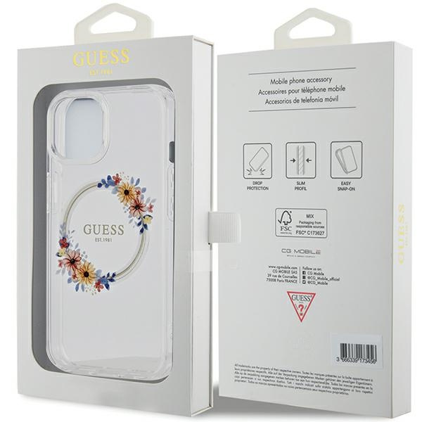 Etui Guess GUHMP15SHFWFCT iPhone 15 / 14 / 13 6.1" transparent hardcase IML Flowers Wreatch MagSafe Case