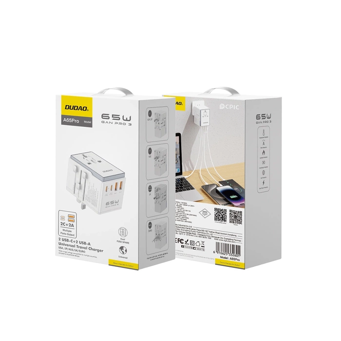 Dudao A65Pro 65W EU / US / JP / AUS / UK travel adapter 2x USB-C 2x USB-A - white