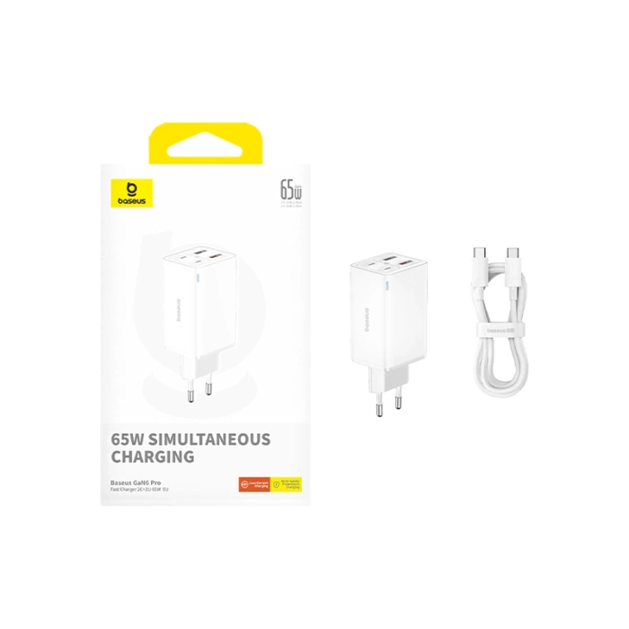 Ładowarka Baseus GaN6 Pro 65W 2 x USB-C 2 x USB-A z czarnym kablem USB-C 100W 1m - biała