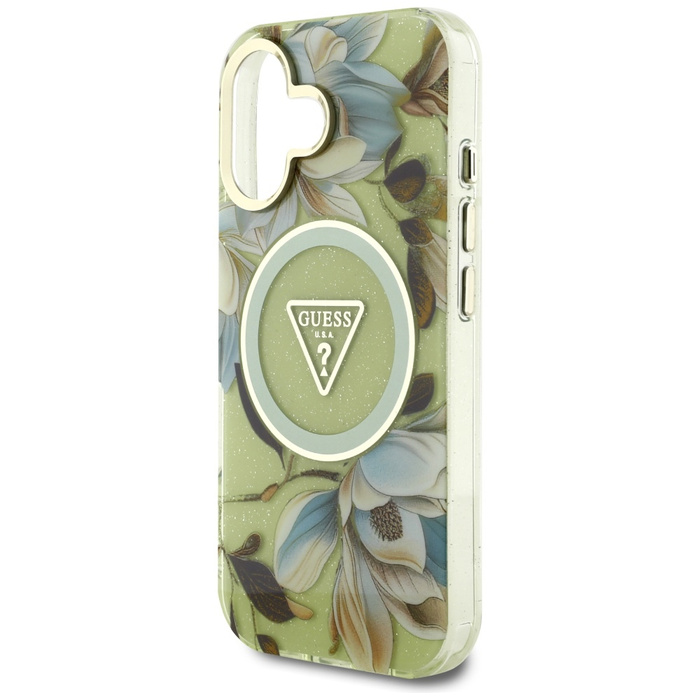 Etui Guess Glitter Flowers Triangle       Buttons MagSafe do iPhone 16 zielony