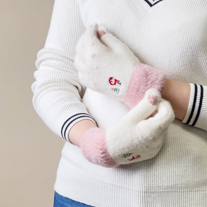 Guantes telefónicos de invierno para mujer con muñeco de nieve y árbol de Navidad: blanco y rosa