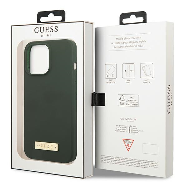 Hülle GUESS Apple iPhone 13 Pro Max Silikon Logo Platte MagSafe Grün Hartcase