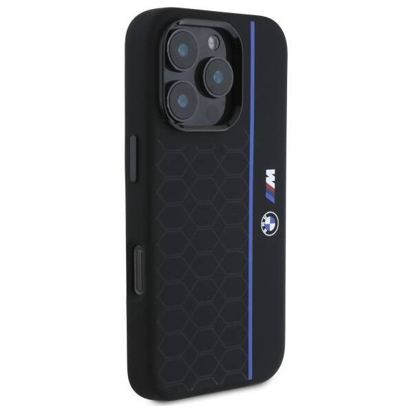 Funda BMW iPhone 16 Pro Max negro/negro durocase Silicona Hexágono Línea Azul MagSafe